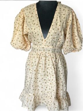 Faithfull the Brand Pale Yellow Floral V-Neck Puff Sleeve Mini Dress
